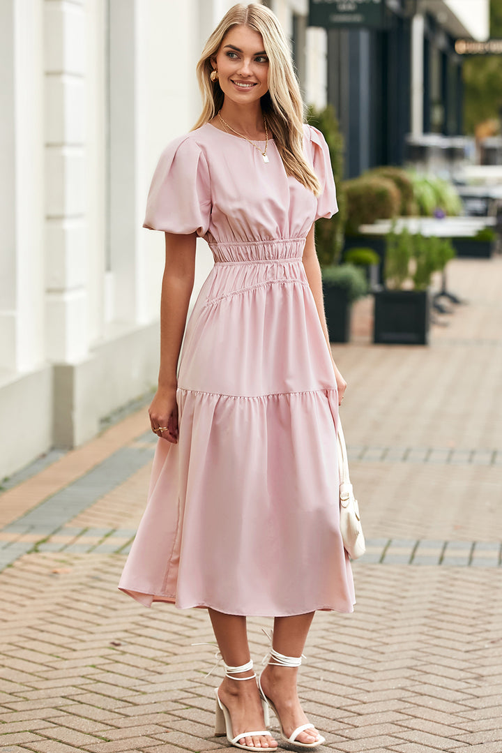 Pink Puff Sleeve Pleated High Waist Flowy Midi Dress