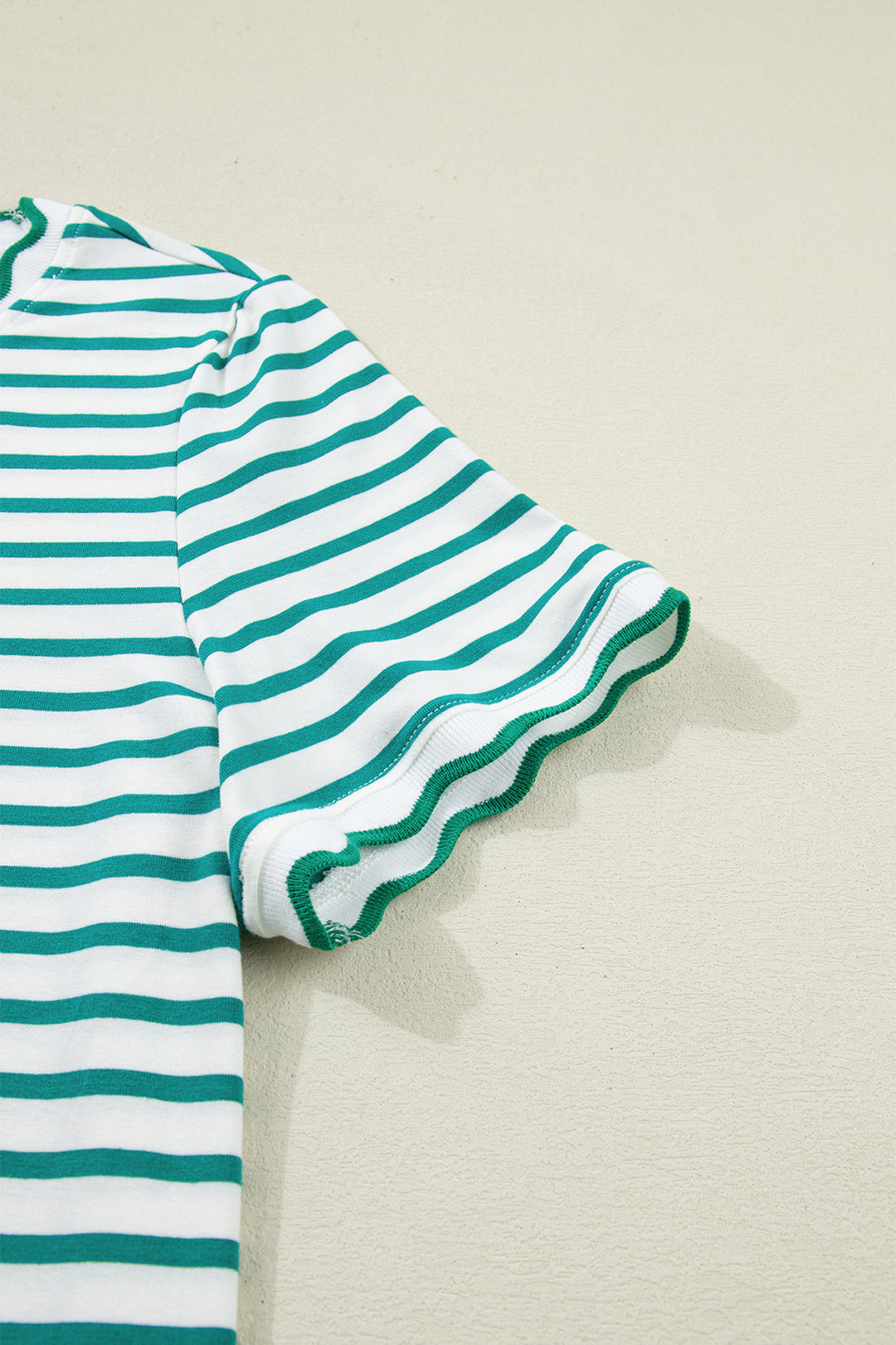 Green Stripe Scalloped Trim Round Neck T Shirt