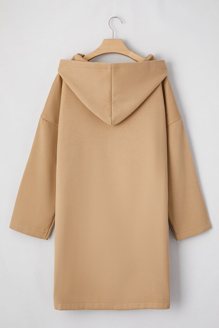 Light French Beige Solid Color Casual Zip up Hooded Coat