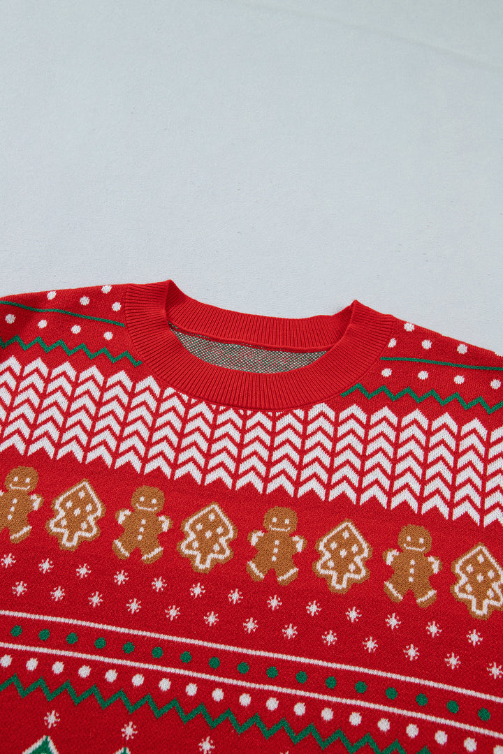 Multicolour Gingerbread Christmas Tree Pattern Round Neck Pullover Sweater