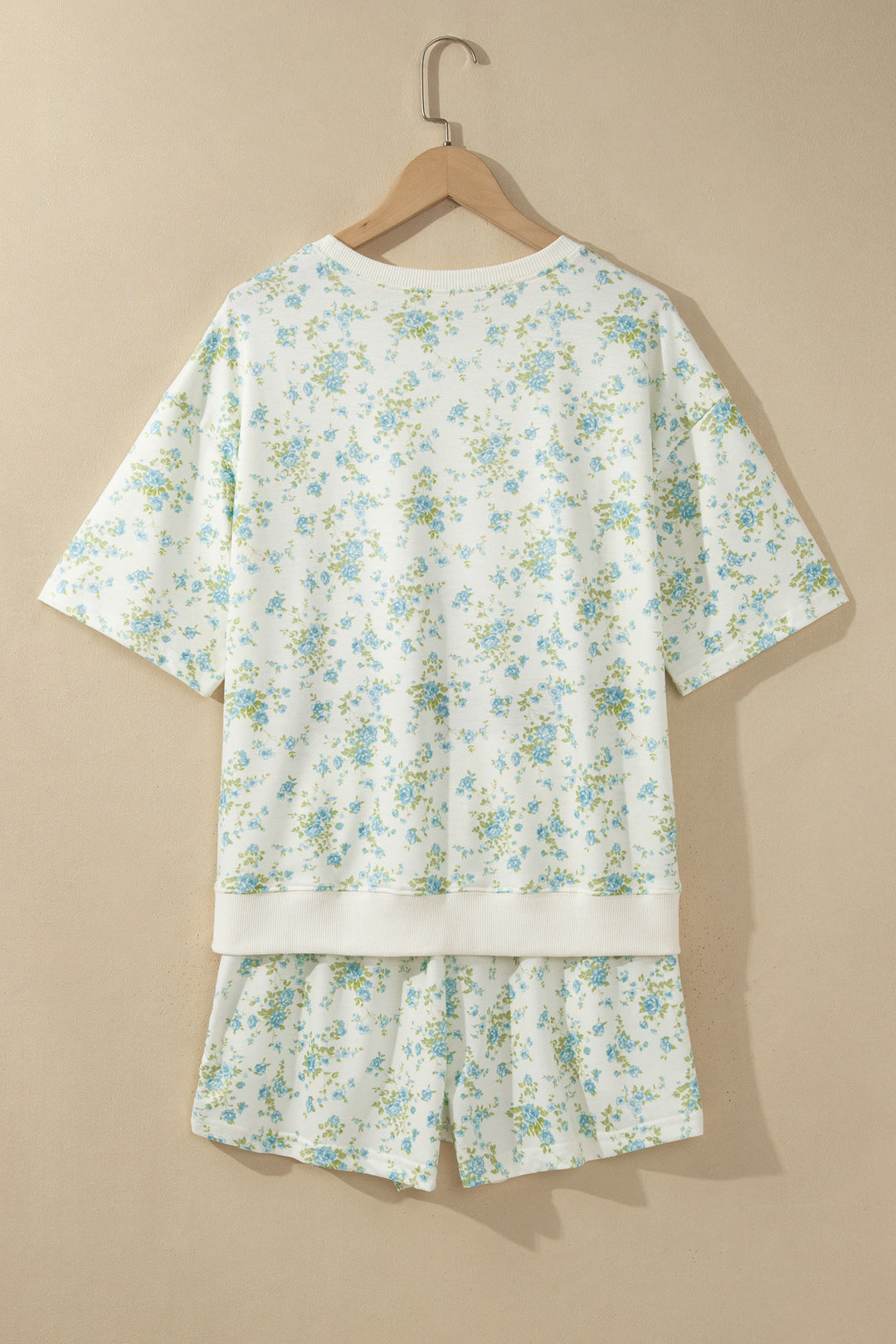 Sky Blue Floral Print Short Sleeve Elastic Waist Pocket Two Piece Set