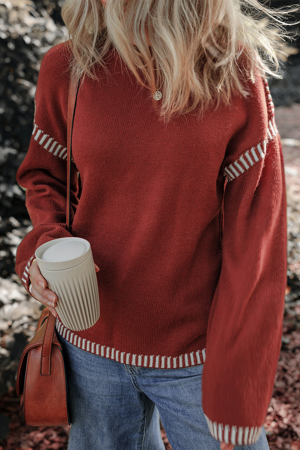 Color Contrast Trim Drop Shoulder Crew Neck Sweater