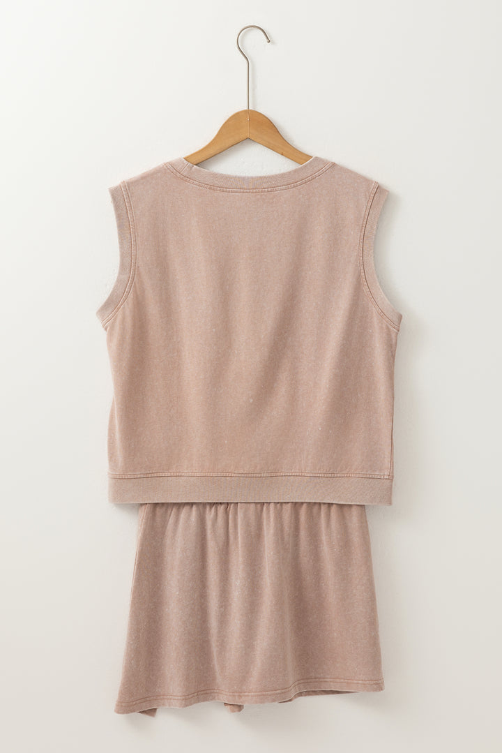 Smoke Gray Washed Sleeveless Top Split Skort Cotton 2pcs Outfit