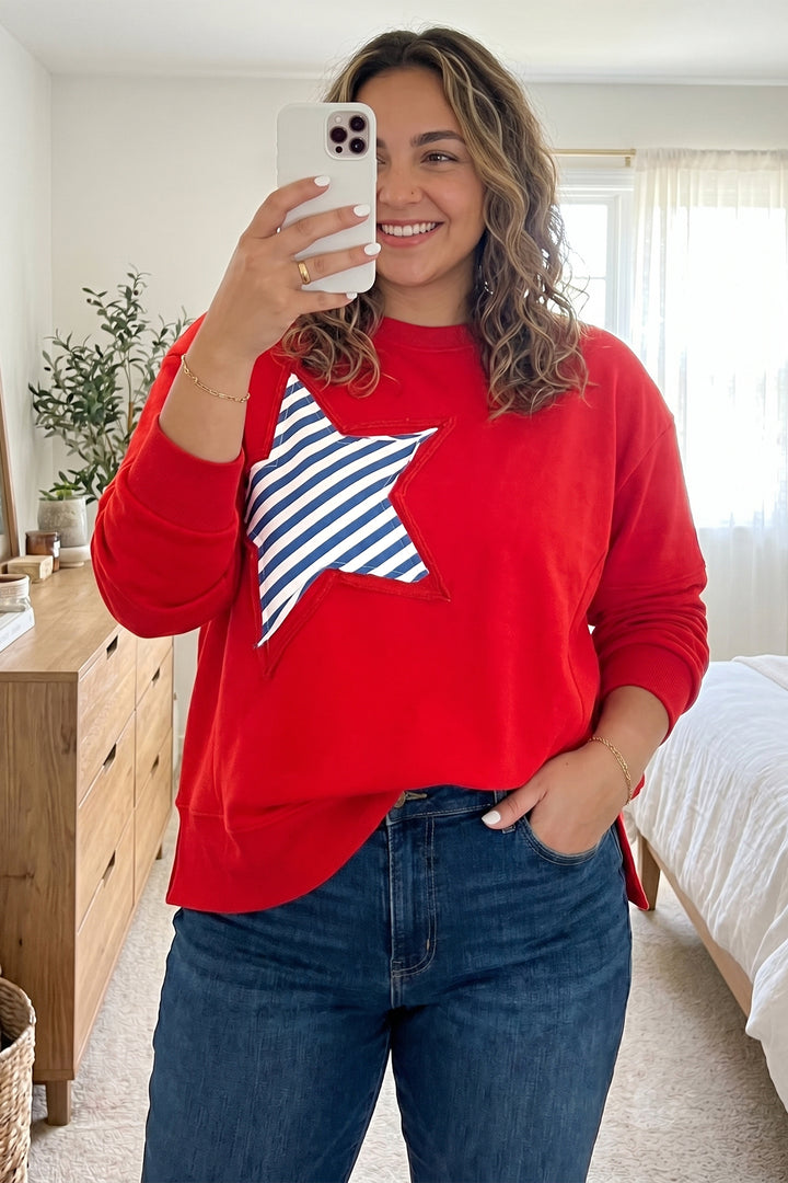 Fiery Red Patch Embroidery Star Plus Size Sweatshirt