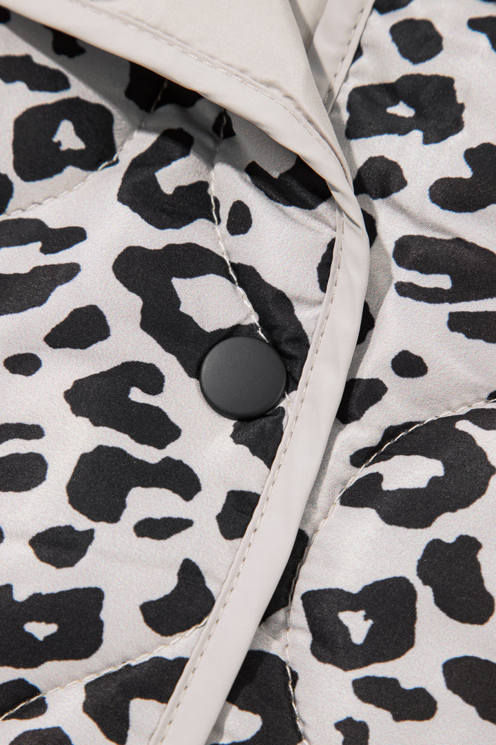 Khaki Leopard Print Patch Pockets Binding Tape Long Sleeve Regular Fit Jacket