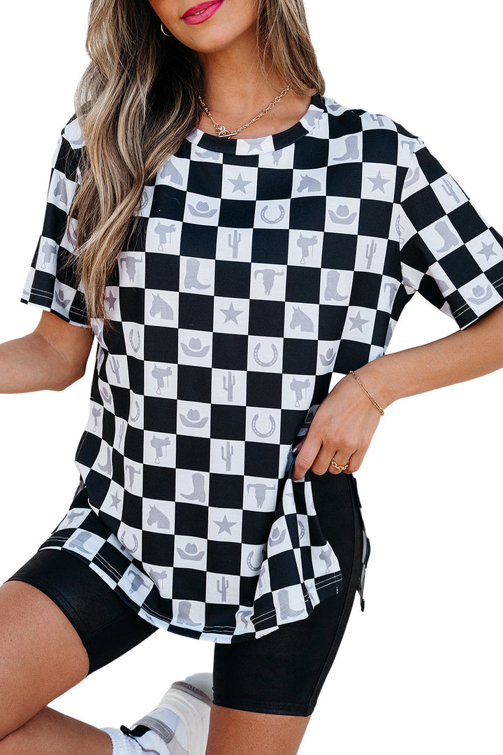 Western Fashion Checkerboard Print Side Split T Shirt