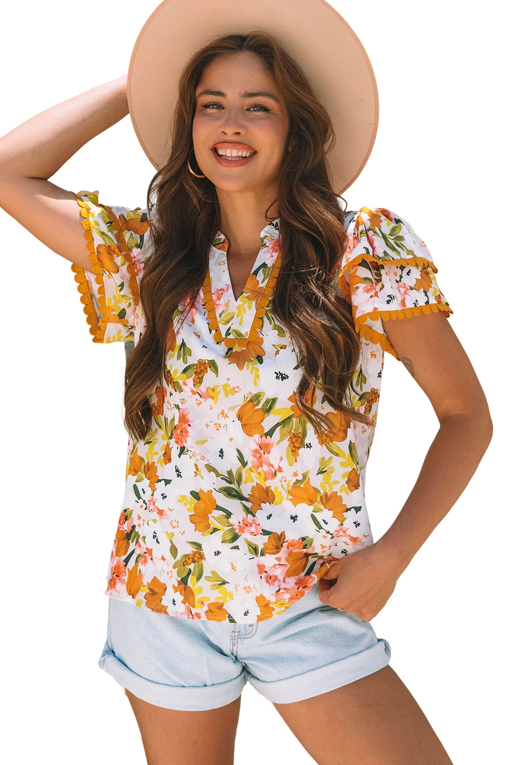 Ruffled V Neck Scalloped Short Sleeve Floral Blouse