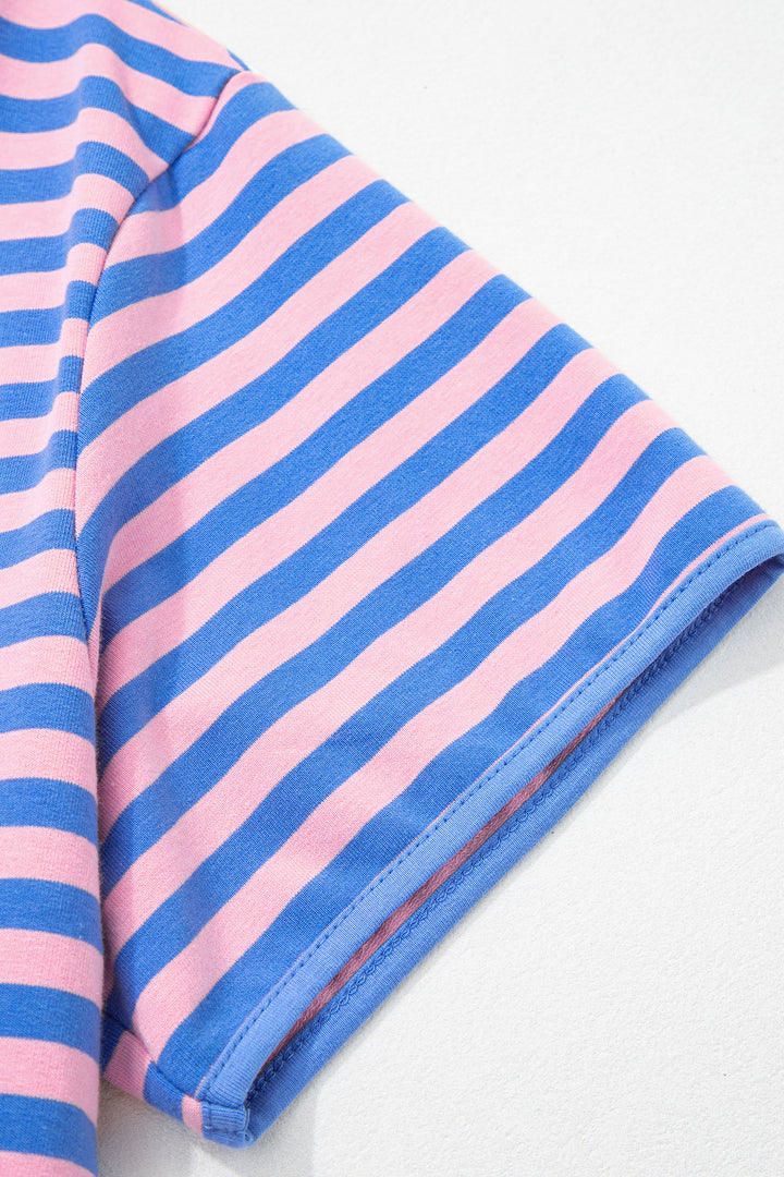 Blue Stripe Relaxed Short Sleeve Top Elastic Waist Skort 2pcs Set