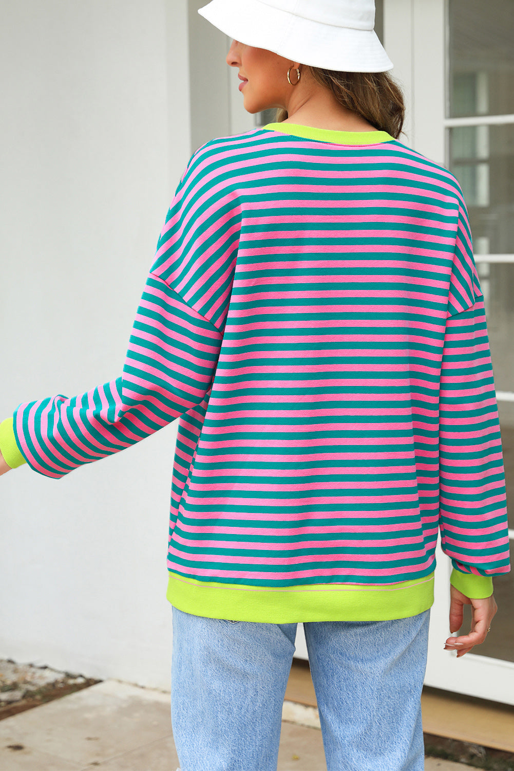 Contrast Ribbed Trim Crossed Stitch Drop Shoulder Sweatshirt