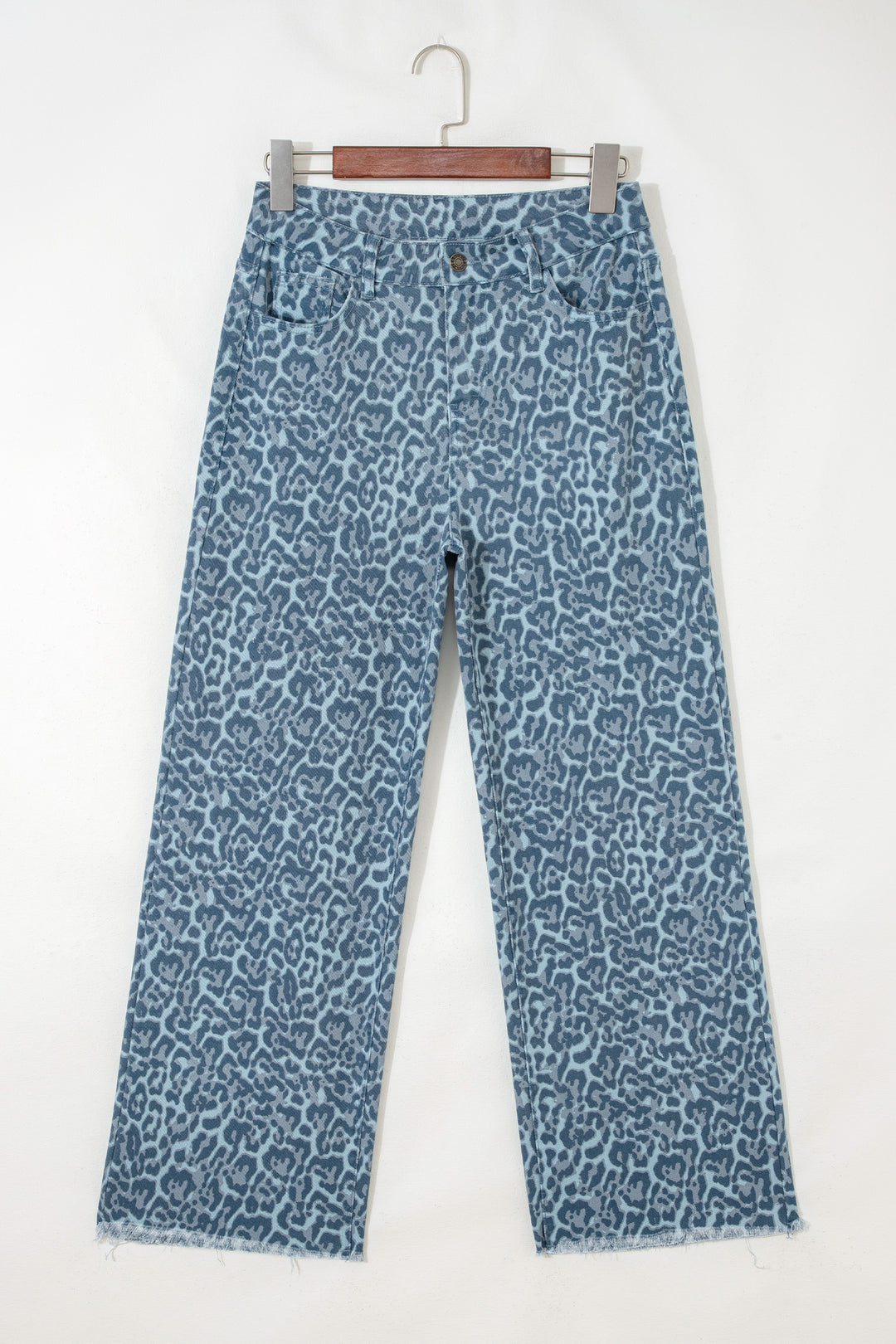 Sky Blue Leopard Frayed Edge Wide Leg High Waist Jeans