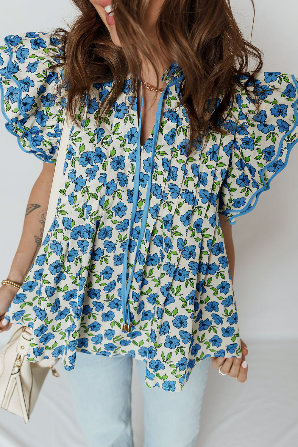 Tiered Flutter Sleeve Pleated Flower Blouse