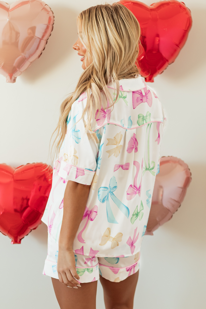 bowknot print buttoned shirt high waist shorts pajama set