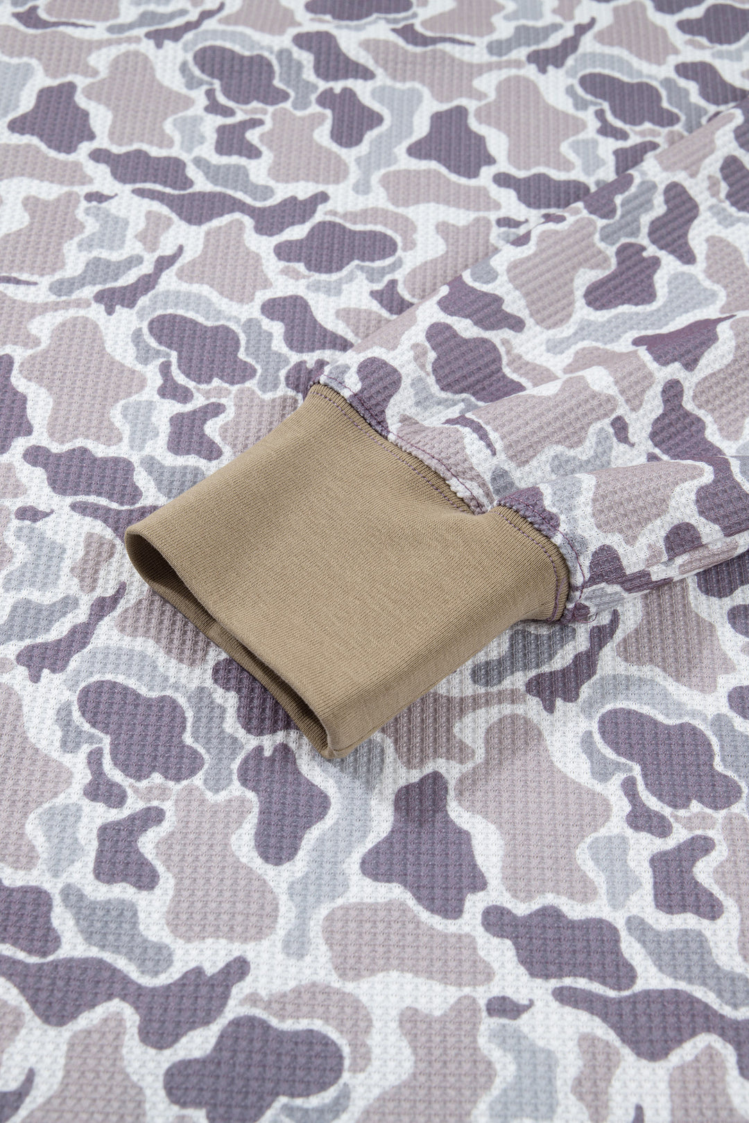 Khaki Camouflage Print Textured Knit Color Block Trim Long Sleeve Top