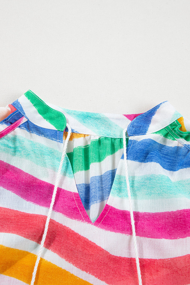 rainbow stripes ruffled hem drawstring v neck tank top