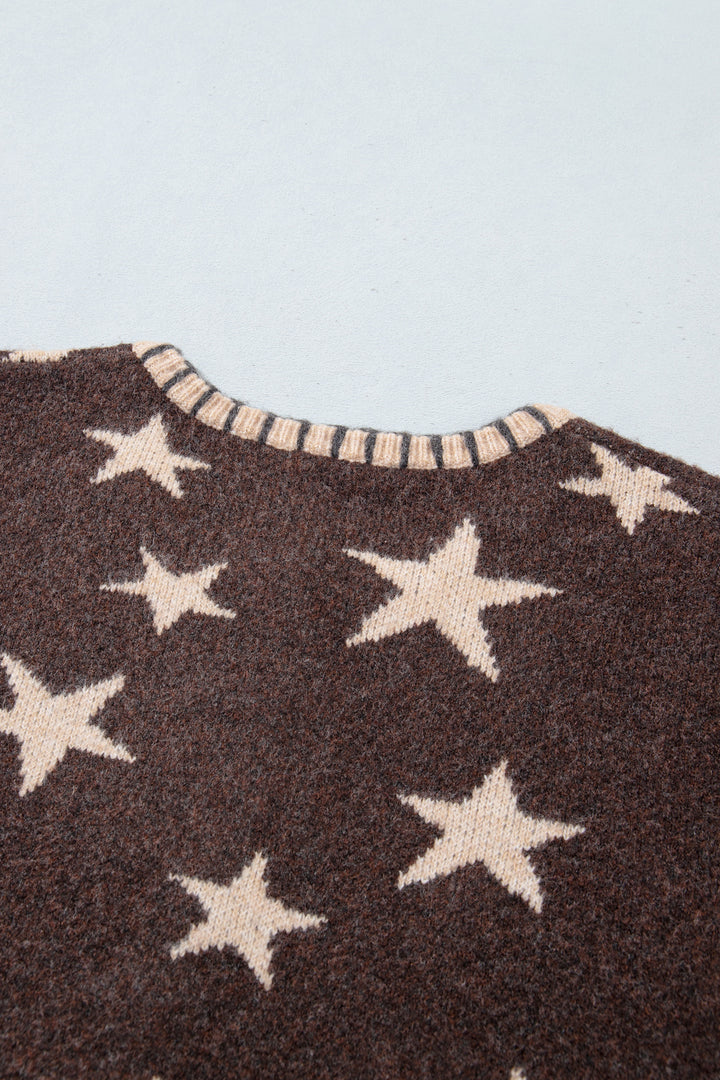 Brown Stars Pattern Colorblock Long Sleeve Shift Wool Cardigan