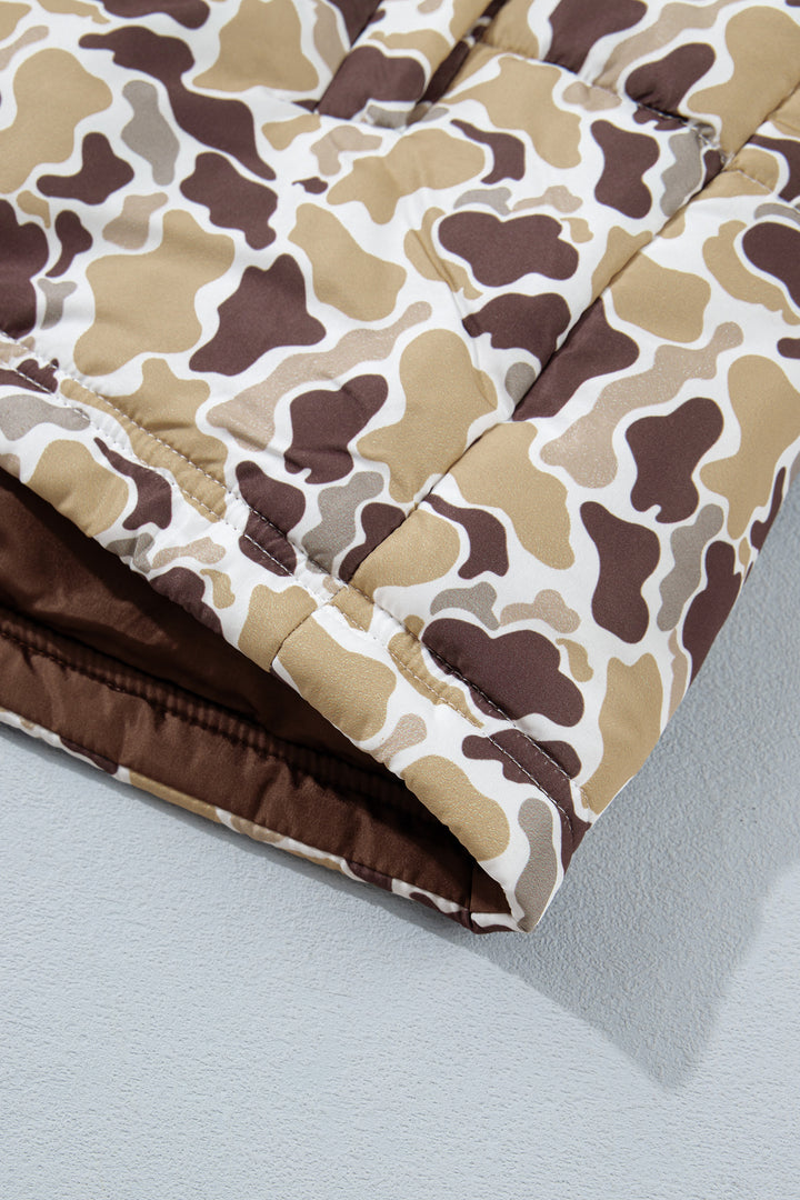 Multicolour Camouflage Quilted Metal Button Collar Long Sleeve Puffer Coat