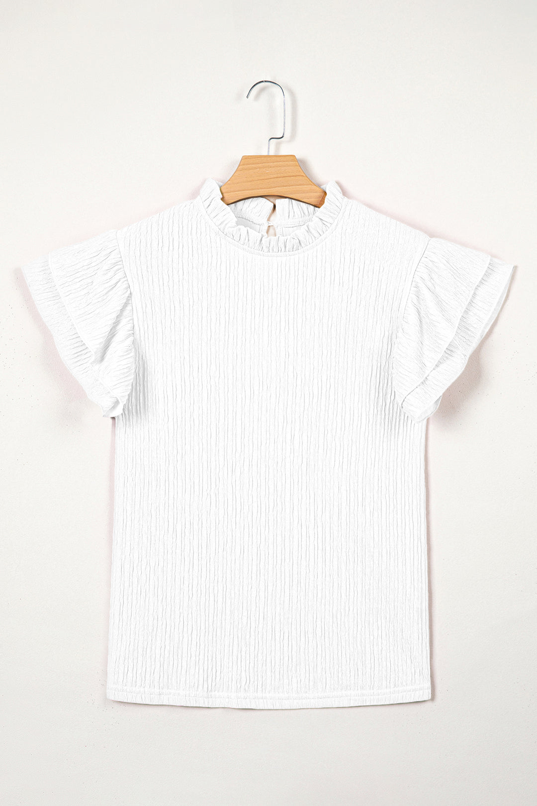 White Textured Ruffle Trim Short Sleeve Blouse
