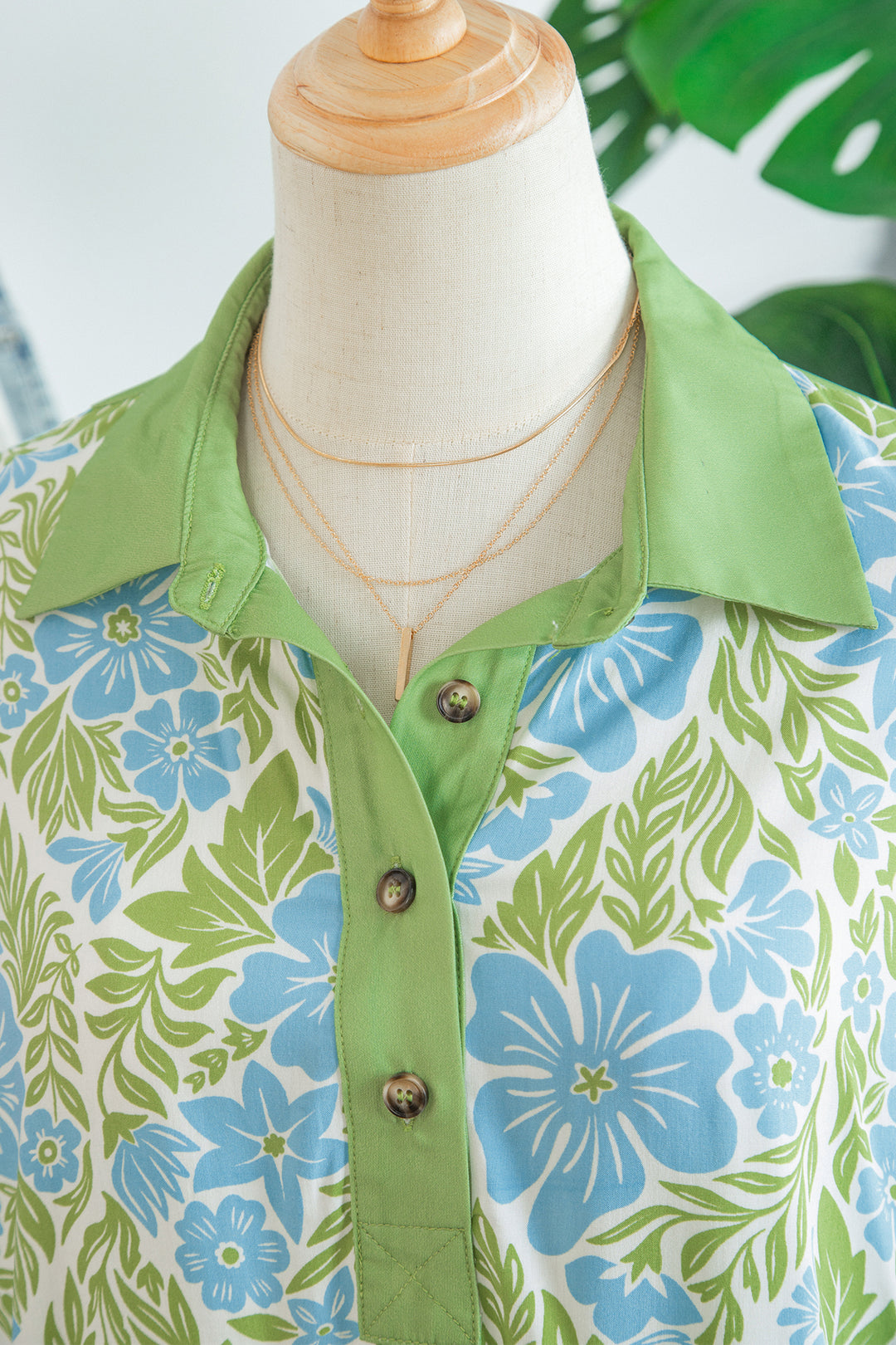 Sky Blue Floral Print Color Block Patchwork Shirt Collar Half Sleeve Mini Dress