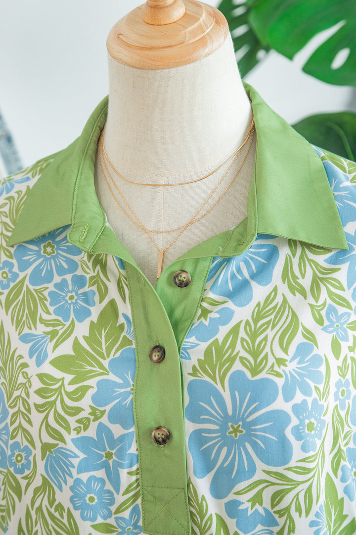 Sky Blue Floral Print Color Block Patchwork Shirt Collar Half Sleeve Mini Dress