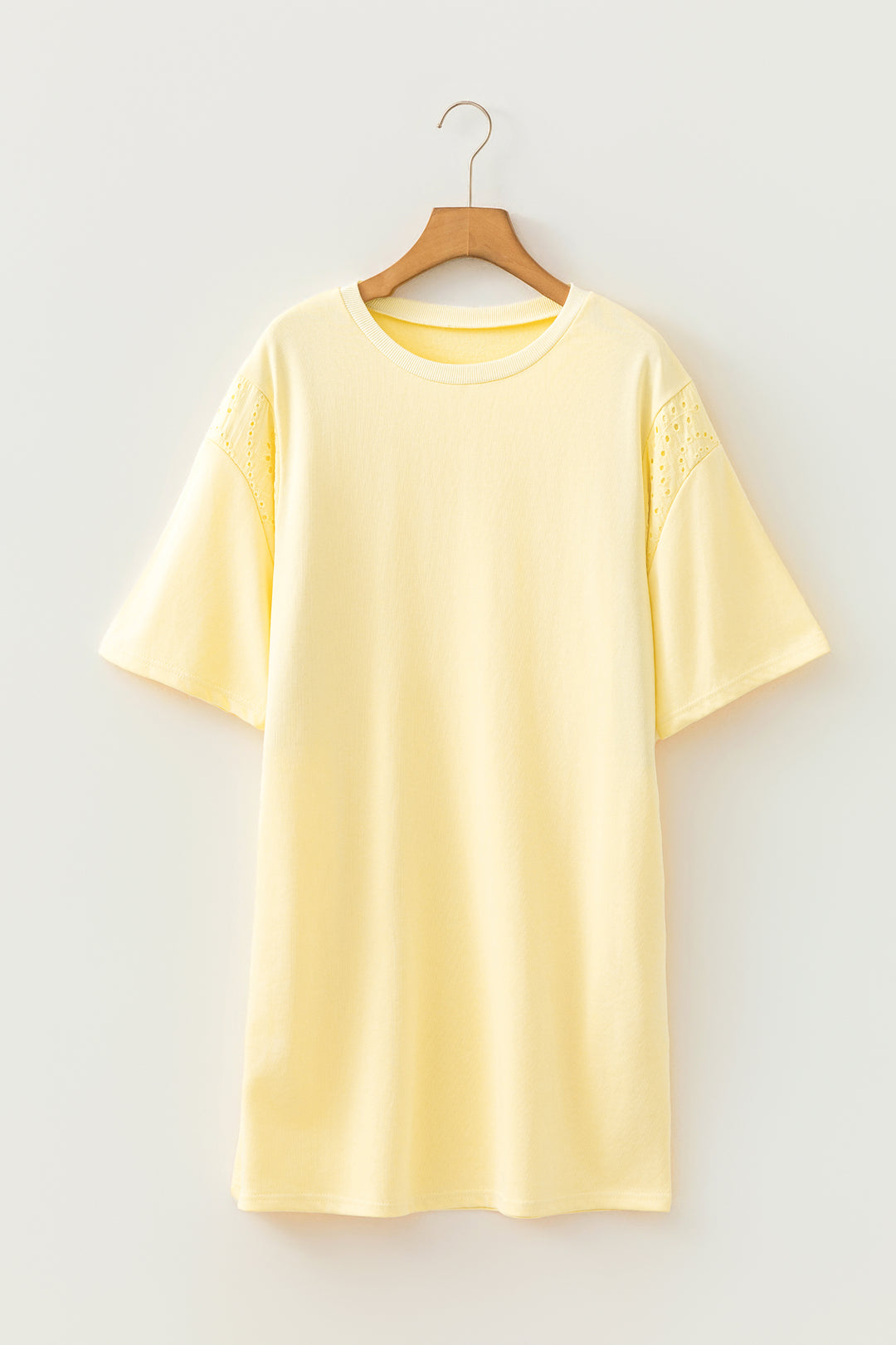 Yellow Cream Eyelet Embroidered Lace Splicing Sleeve Loose T Shirt Dress