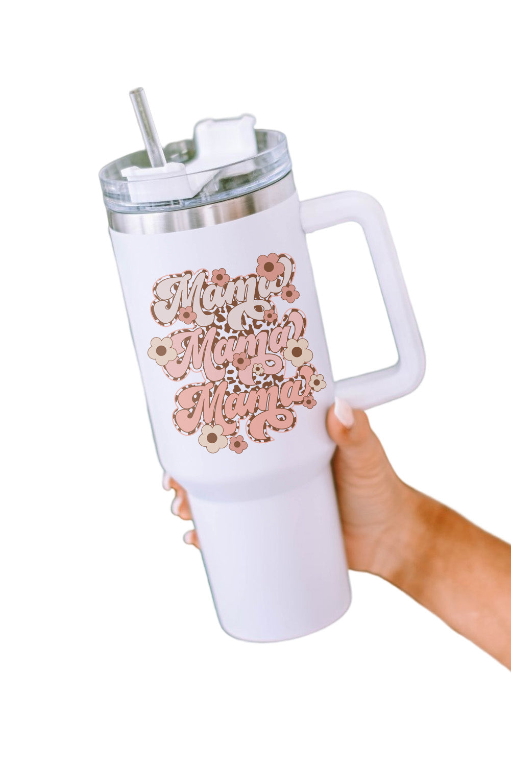 Tasse isotherme en acier inoxydable à imprimé léopard et fleurs Mama, 1 134 ml