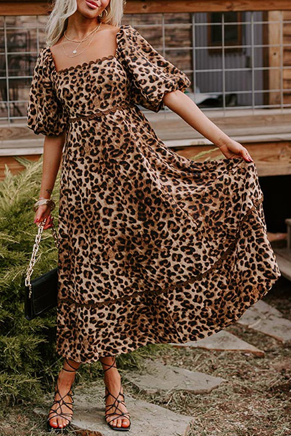 Leopard Print Bubble Sleeve Square Neck Maxi Dress