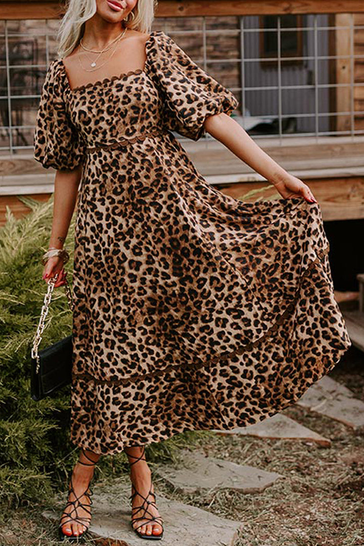 Leopard Print Bubble Sleeve Square Neck Maxi Dress