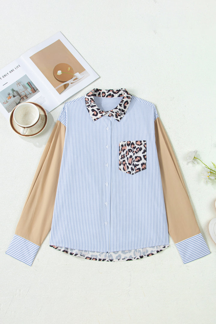 Colorblock Leopard Patchwork Chest Pocket Cuffed Sleeve Shirt
