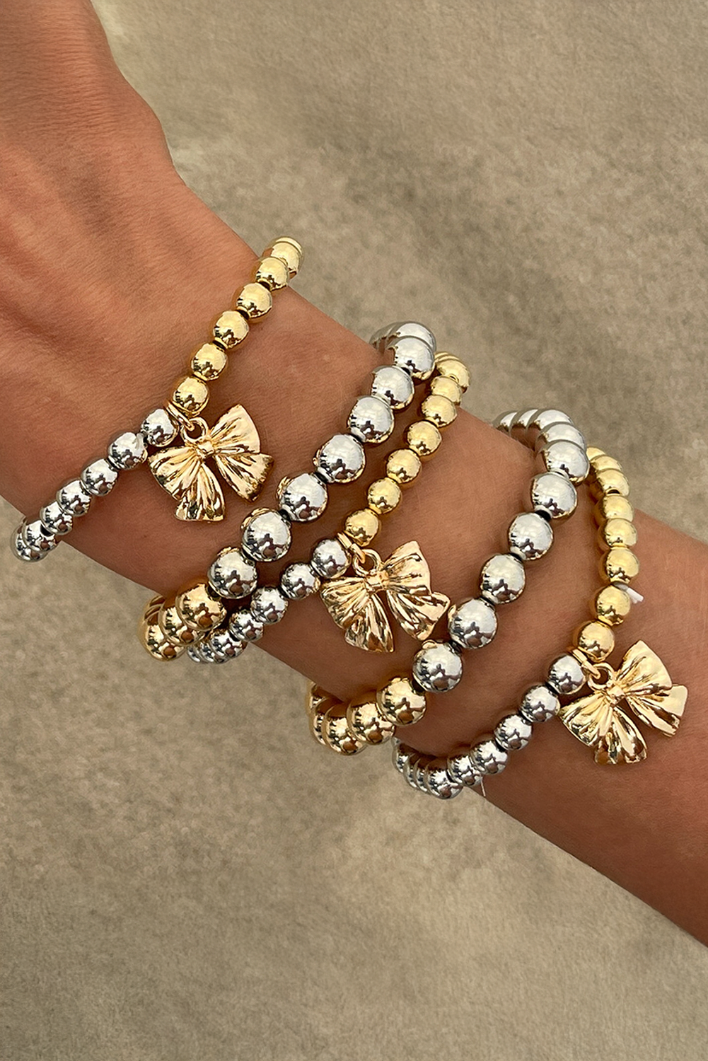 Bowknot Charm Color Block Beaded Bracelet Set