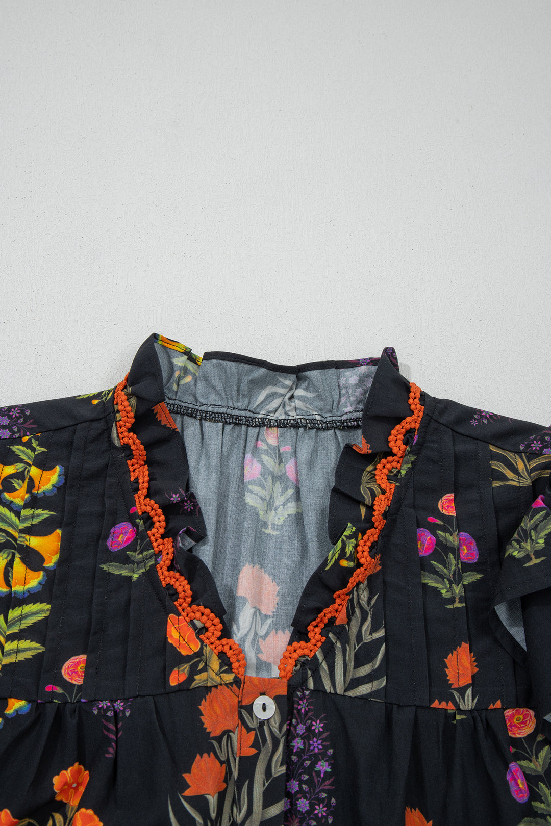 Floral Print Lace Trim Frilled V Neck Short Sleeve Shirt
