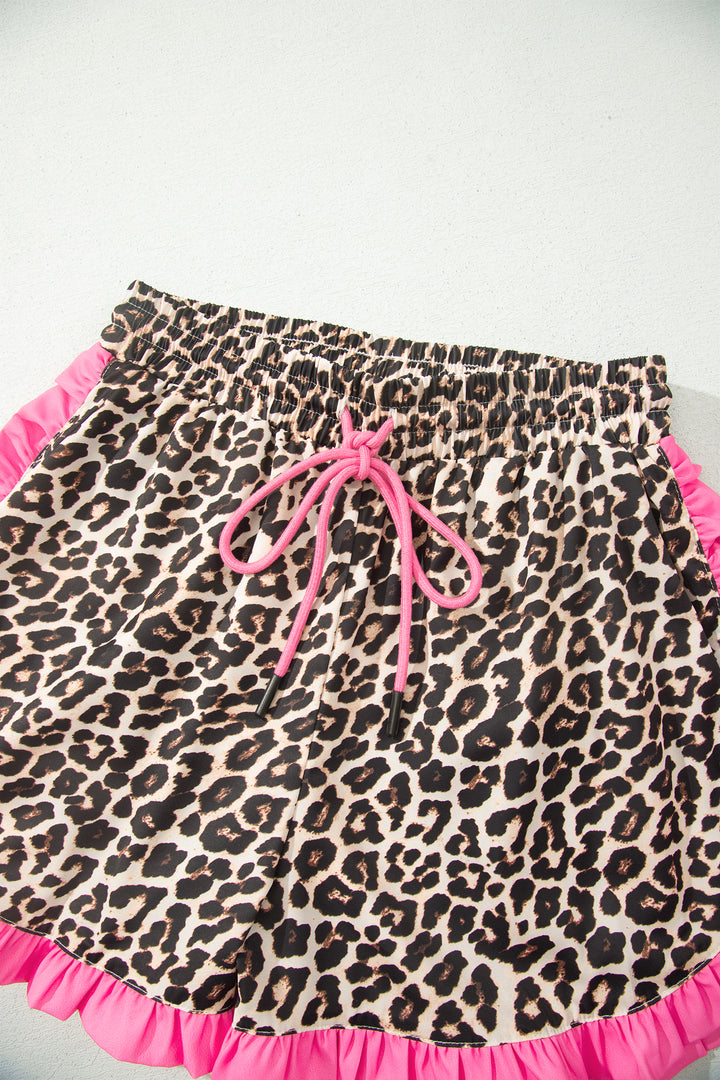 Khaki Leopard Print Contrast Ruffle Trim Shorts