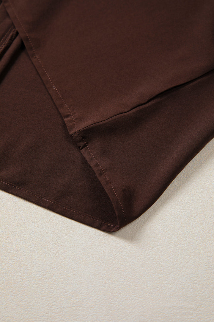 Coffee Shirt Collar Contrast Trim Button V Neck Short Sleeve Blouse