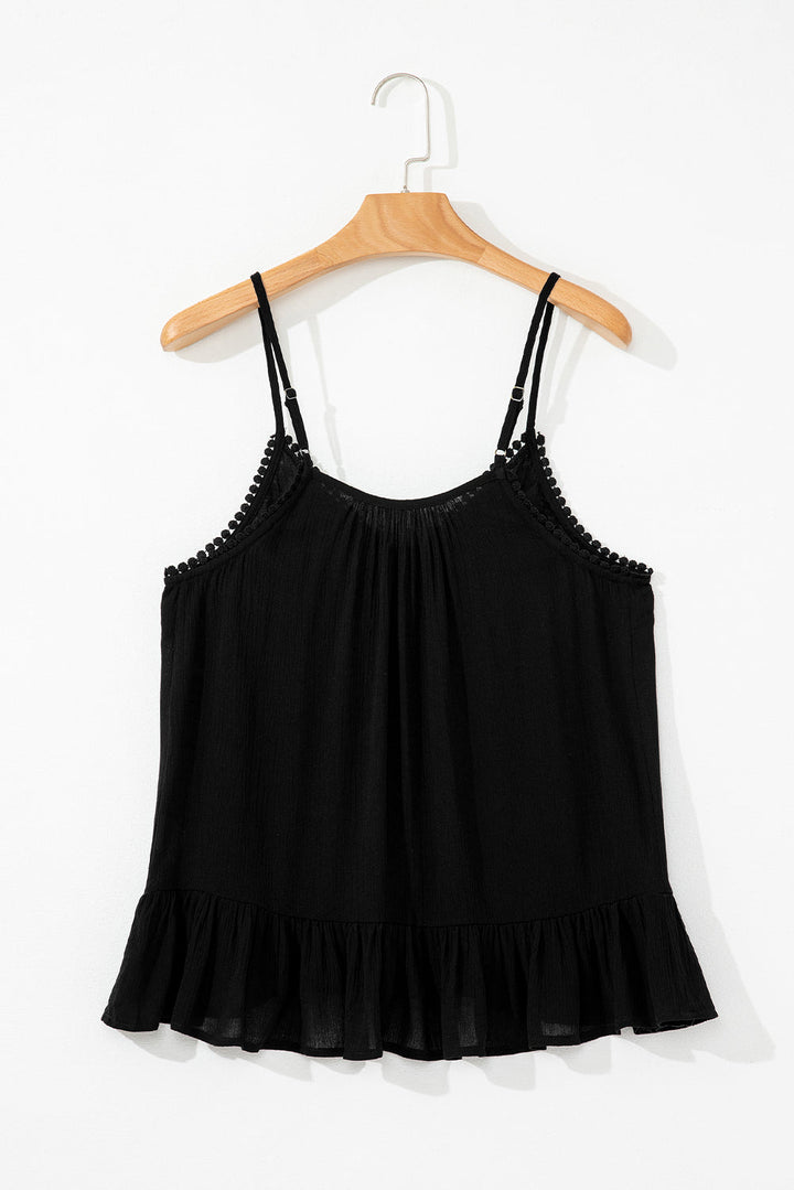 Floral Embroidery Ruffled Spaghetti Straps Tank Top