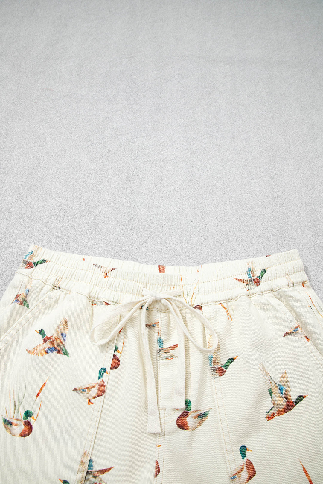 Beige Wild Duck Mallard Printed Drawstring Denim Shorts