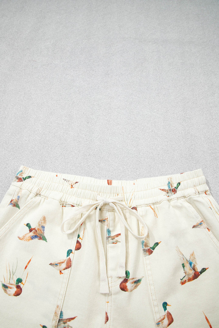 Beige Wild Duck Mallard Printed Drawstring Denim Shorts