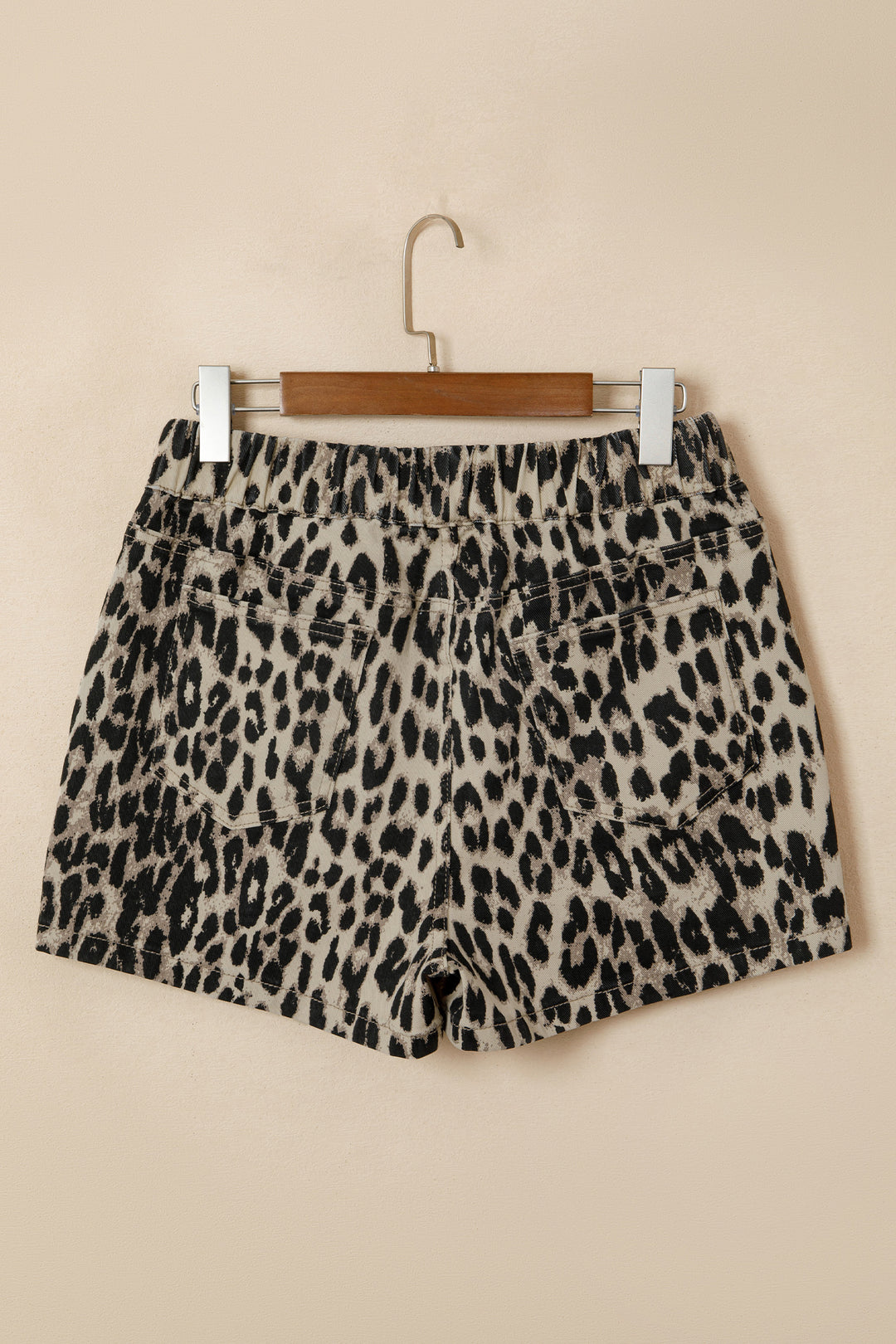 Brown Retro Leopard Print Lace-up Elastic Waistband Mid Rise Denim Shorts