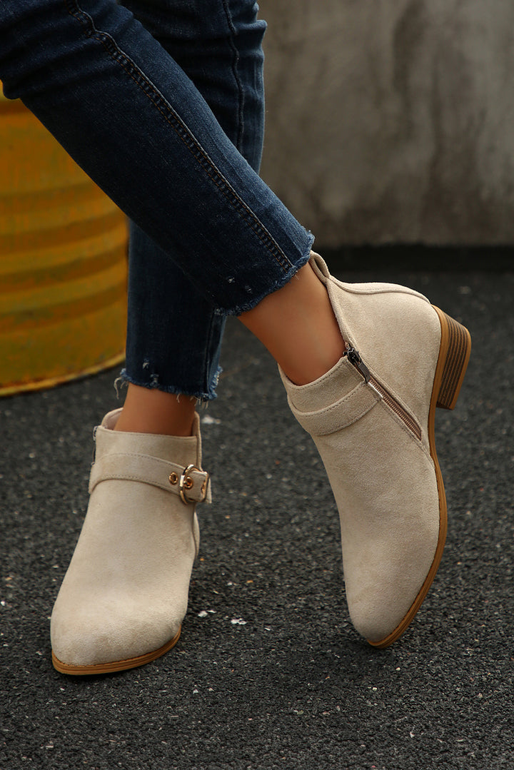 Classic Buckle Strap Chunky Heel Suede Boots
