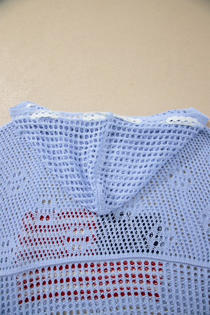 Beau Blue Hollow Out Crochet Knit American Flag Patched Sweater Hoodie