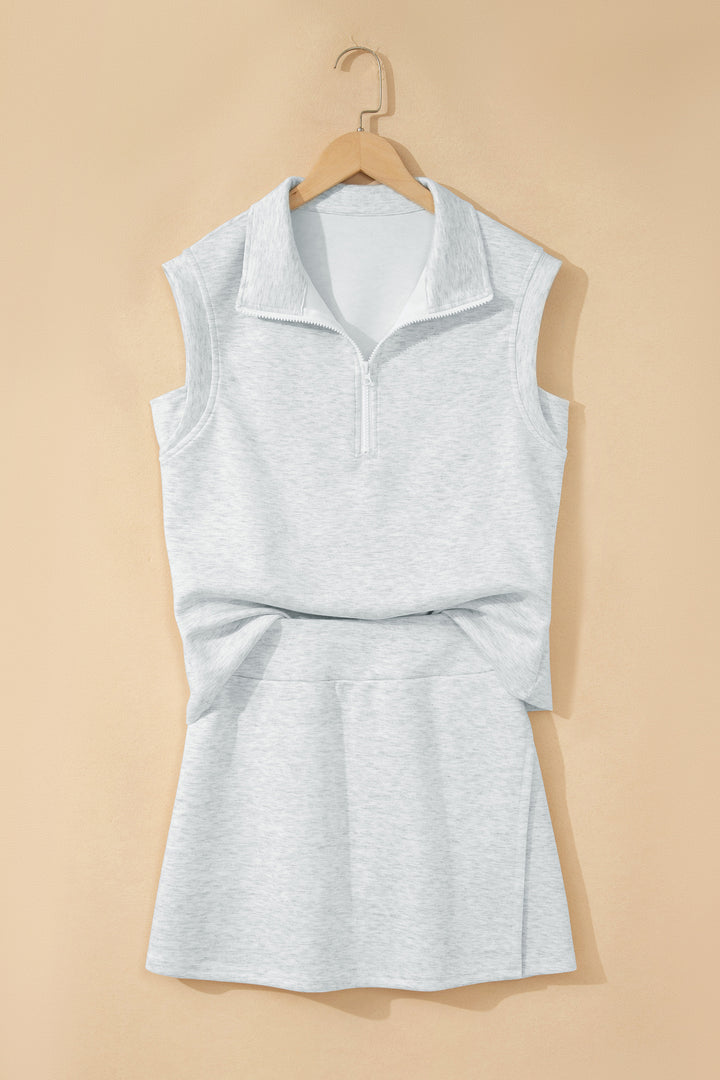 Light Grey Solid Color Sleeveless Zipper Tank and Skort Set