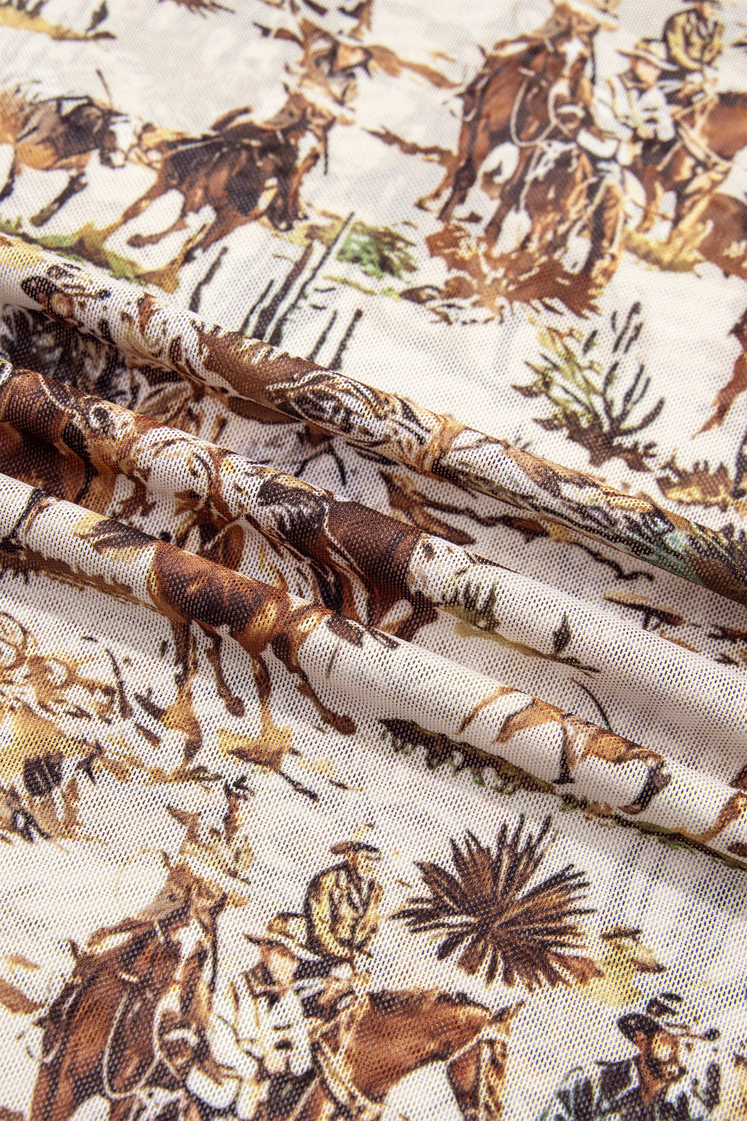 Brown Western Cowboy Floral Print Sheer Mesh Long Sleeve Top