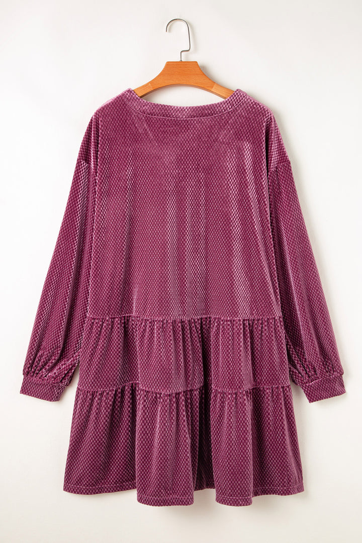 Meadow Mauve Textured Velvet Tiered Buttons Tiered  Plus Size Dress