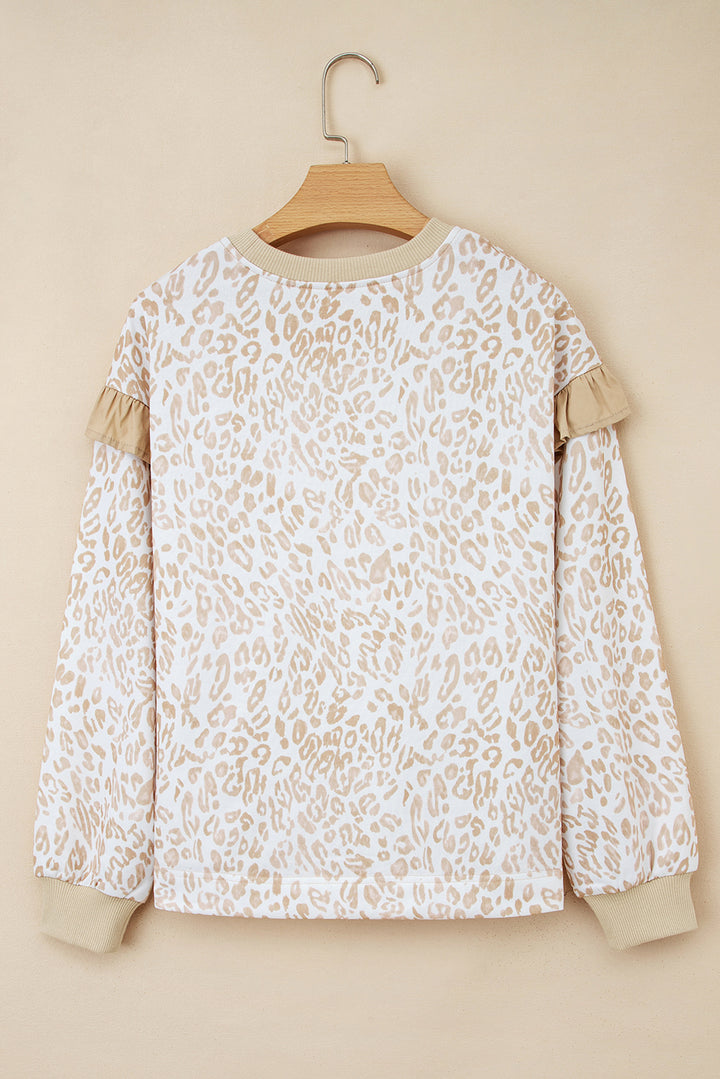 Leopard Ruffle Detail Ribbed Trim Round Neck Sweatshirt