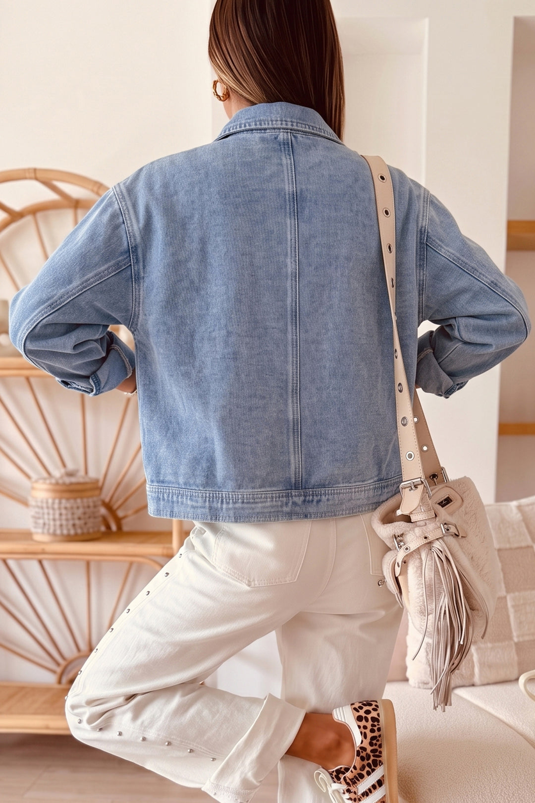 Beau Blue Studded Metal Zipper Rivet Pockets Denim Jacket