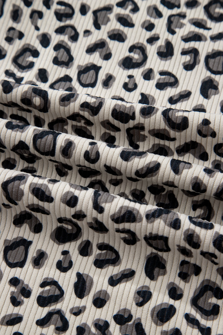 Beige Leopard Print Quarter Zip Corduroy Sweatshirt