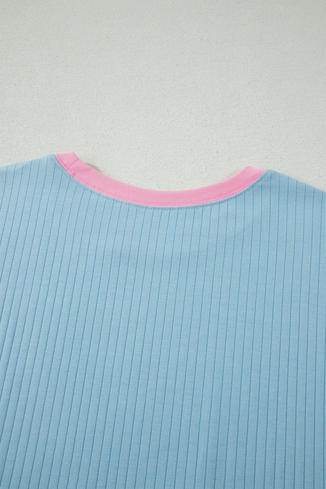 Mist Blue Soft Ribbed Color Block Trim Casual Short Set