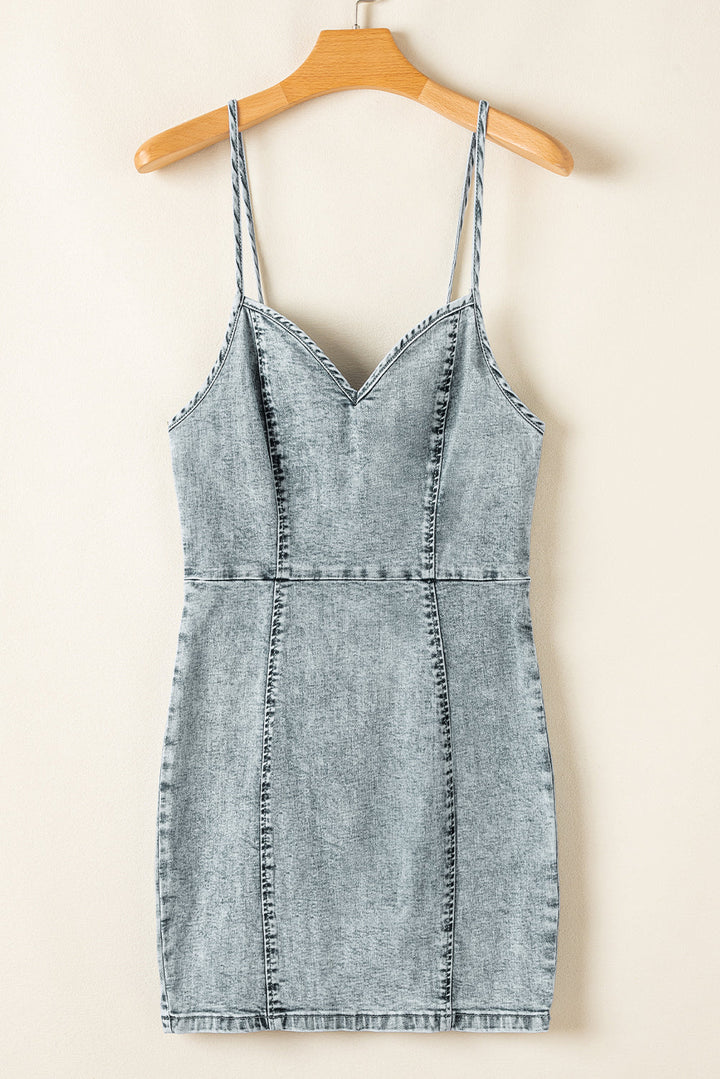 Sleeveless V Neck Back Zipped Denim Dress