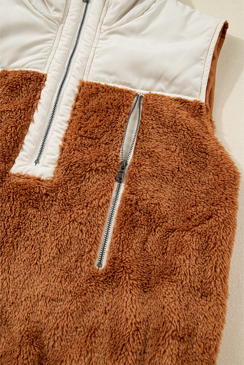 Chestnut Color Block Plush Patchwork Zipper Stand Neck Vest