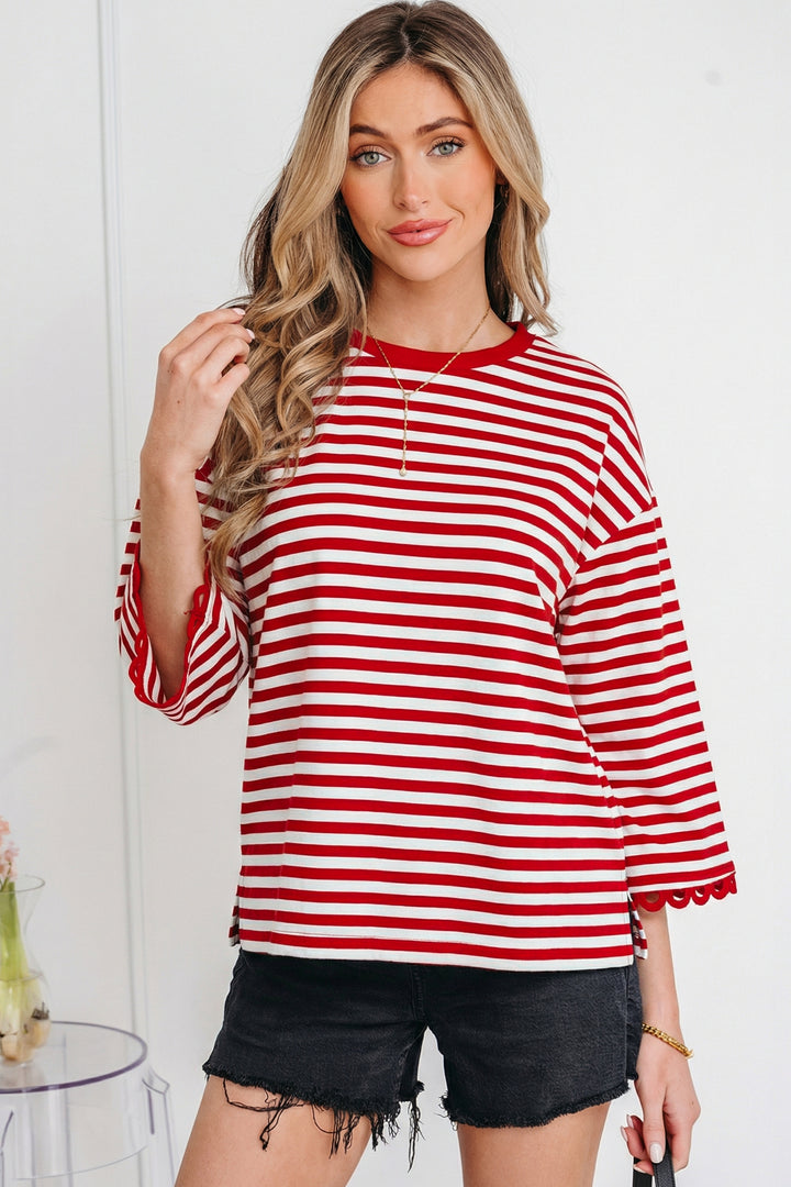Racing Red Striped Print Drop Shoulder Lace Trim Bracelet Sleeve Loose Top