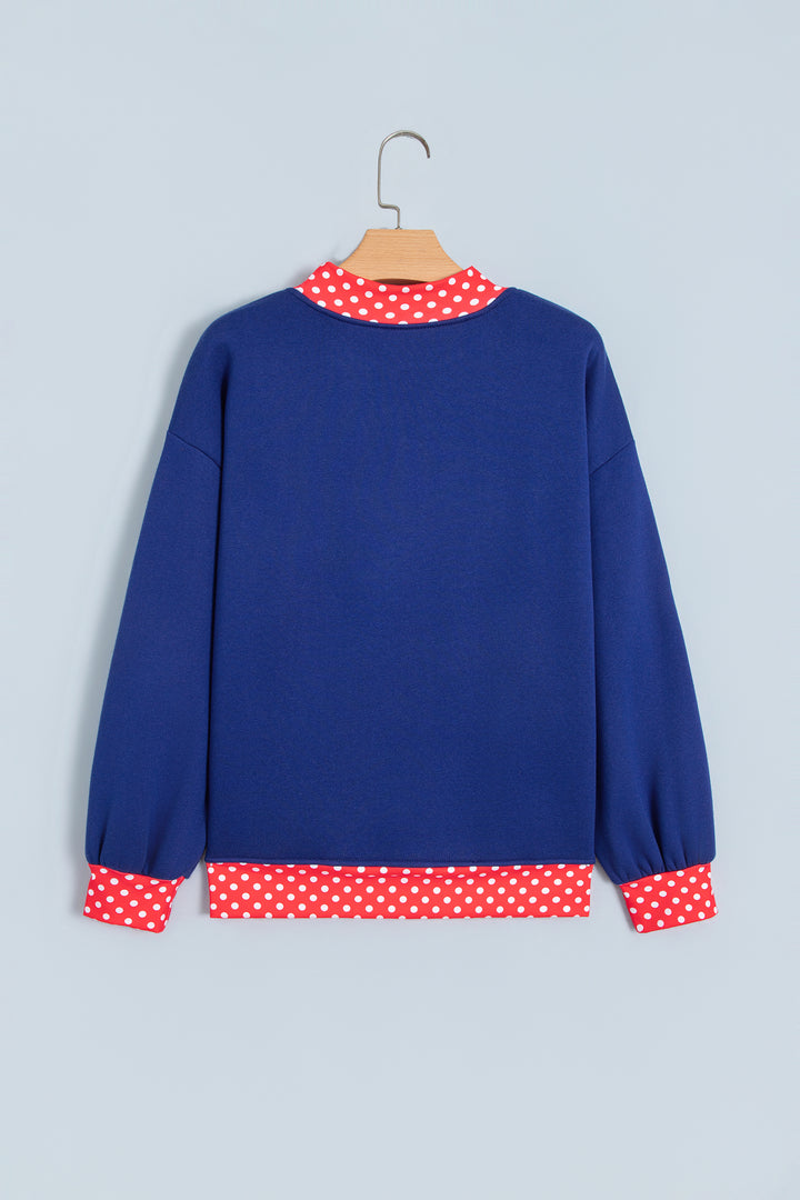 Dirty blue Polka Dot Letter Print Contrast Trim Mock Neck Sweatshirt