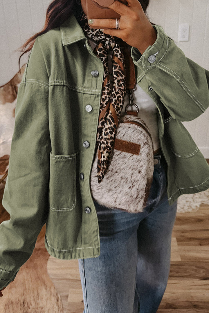 Patched Pocket Collared Button Front Boyfriend Denim Jacket